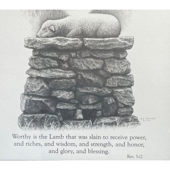 Lion & Lamb Framed Religious Artwork By Sue Christmas 1992 Rev 5:12 Bible Verse - Picture 5 of 11